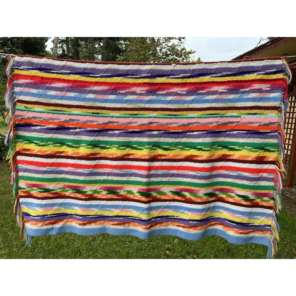 Vintage Crochet Afghan Blanket Multicolor Stripe Handmade Throw 54”x77” Boho